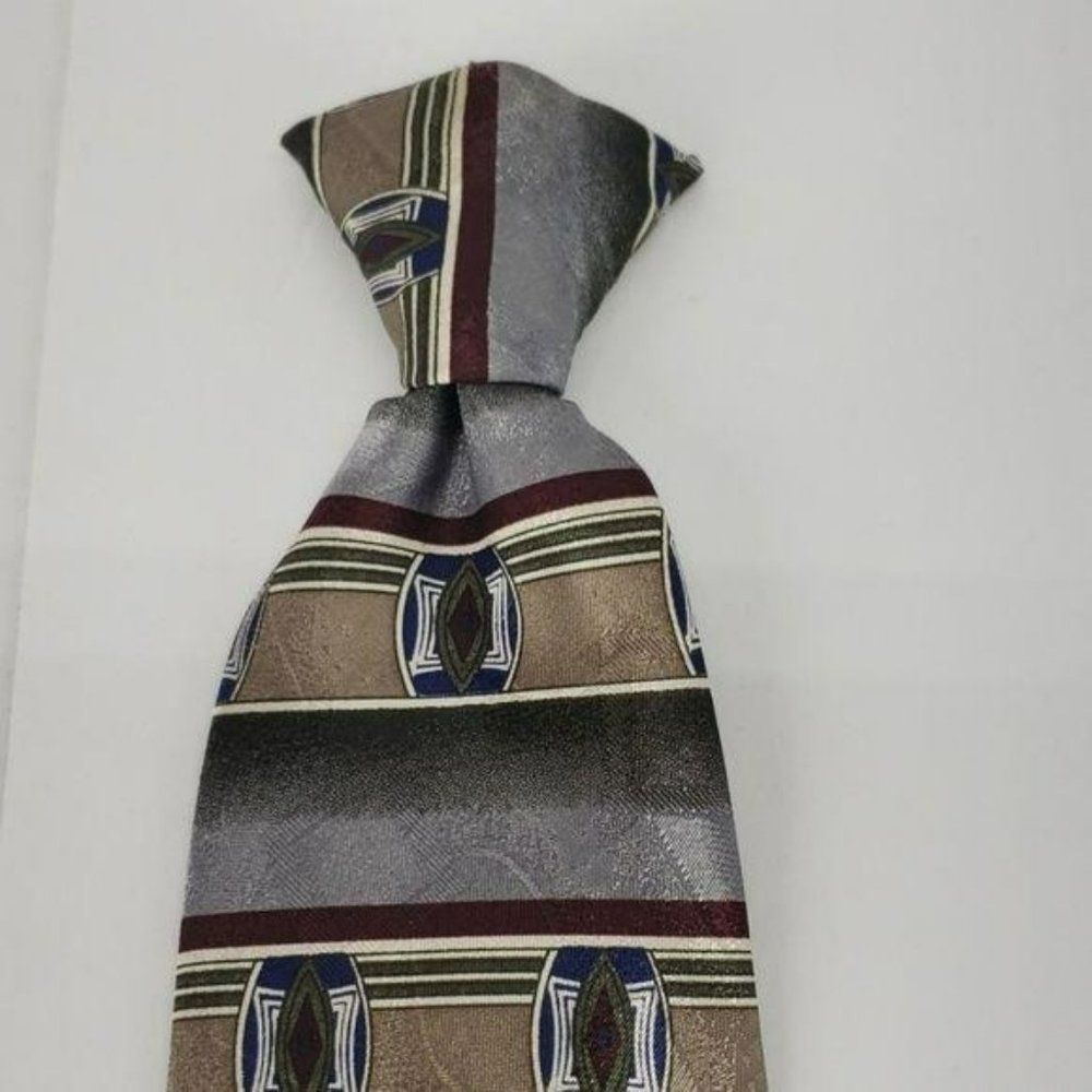 Don Loper Beverly Hills Mens Clip On Tie Grey Geometric Striped Polyester 18in